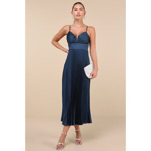 Lulus Fabulous Perfection Navy Blue Satin Pleated Midi Dress - Size XL